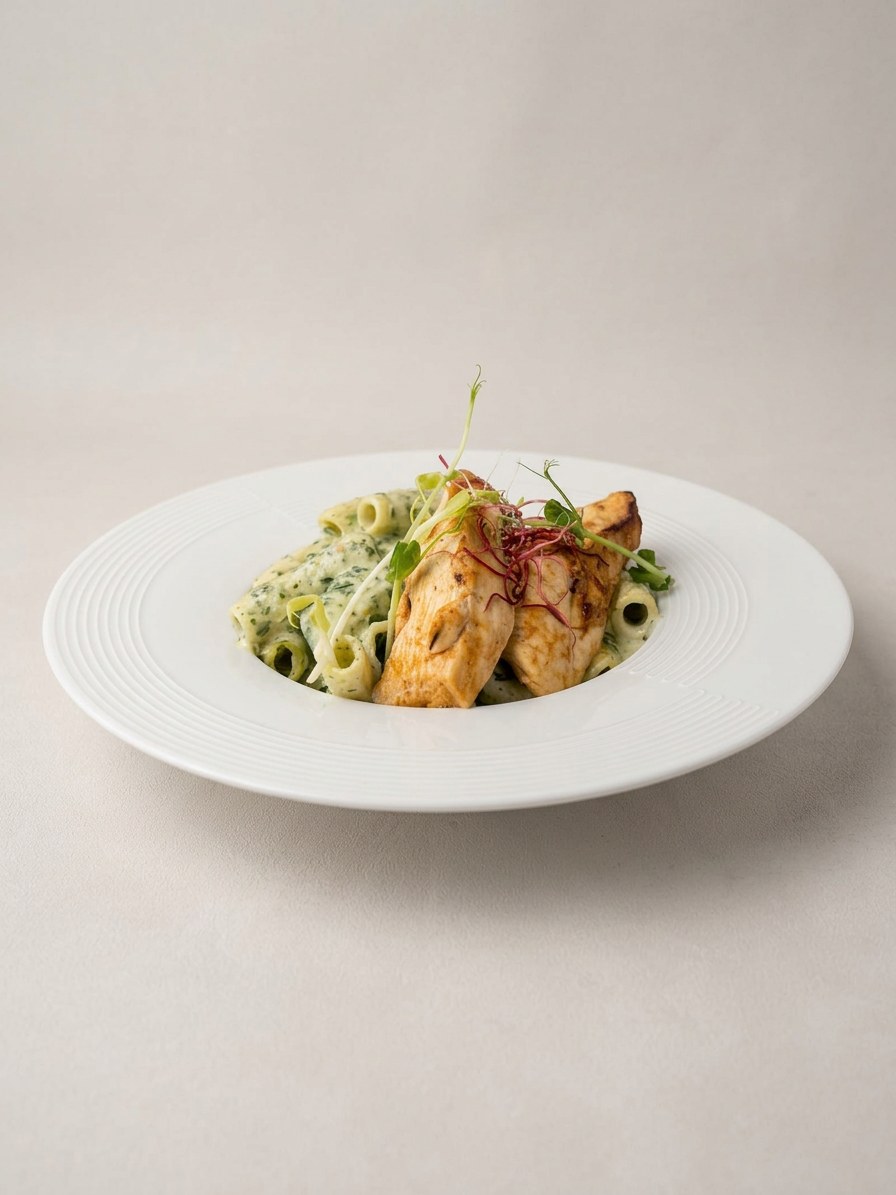 Plat fait maison par Meddah Traiteur : suprême de volaille et pâtes à la crème d'épinards