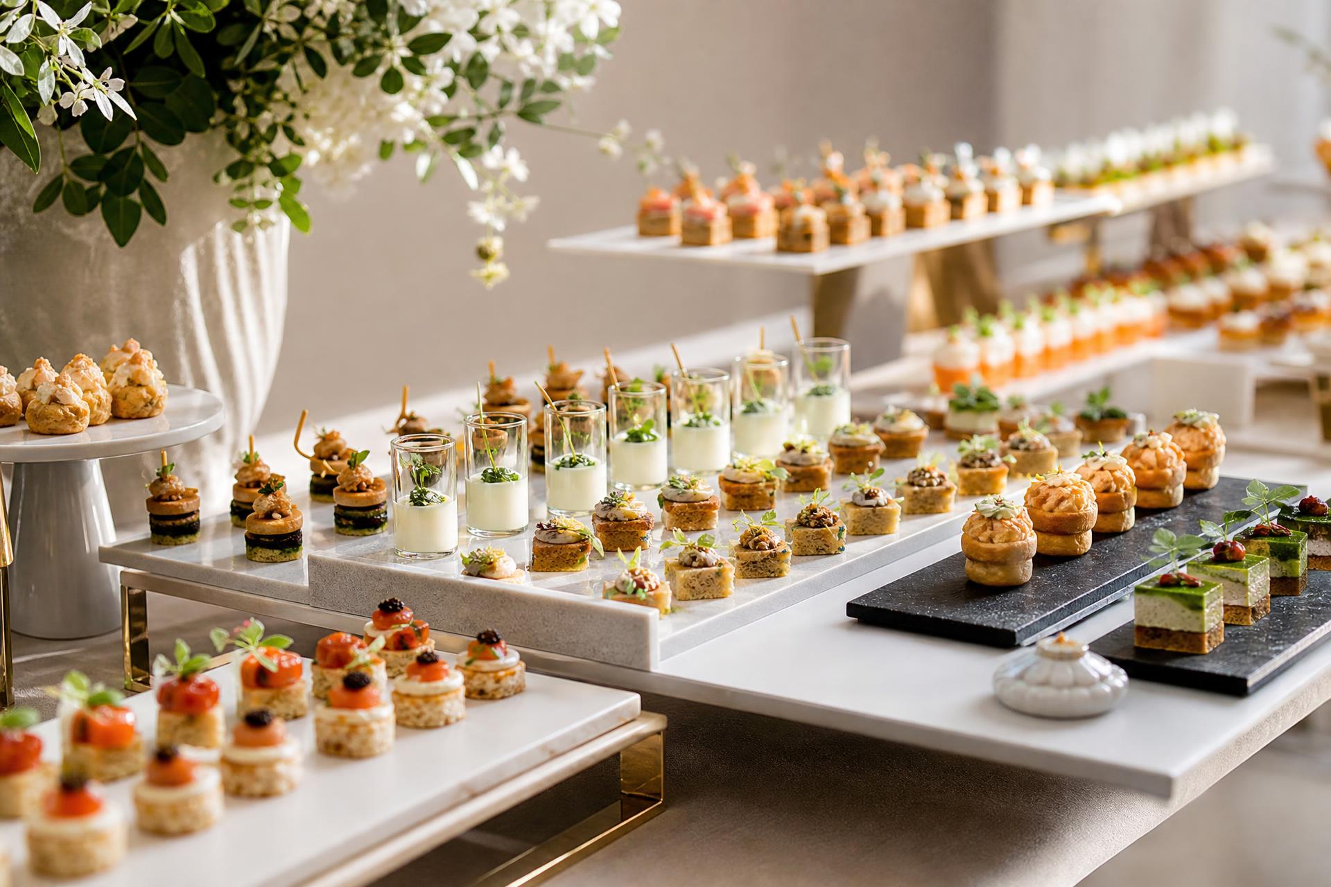 Buffet traiteur premium dressé par Meddah Traiteur : canapés, verrines et bouchées