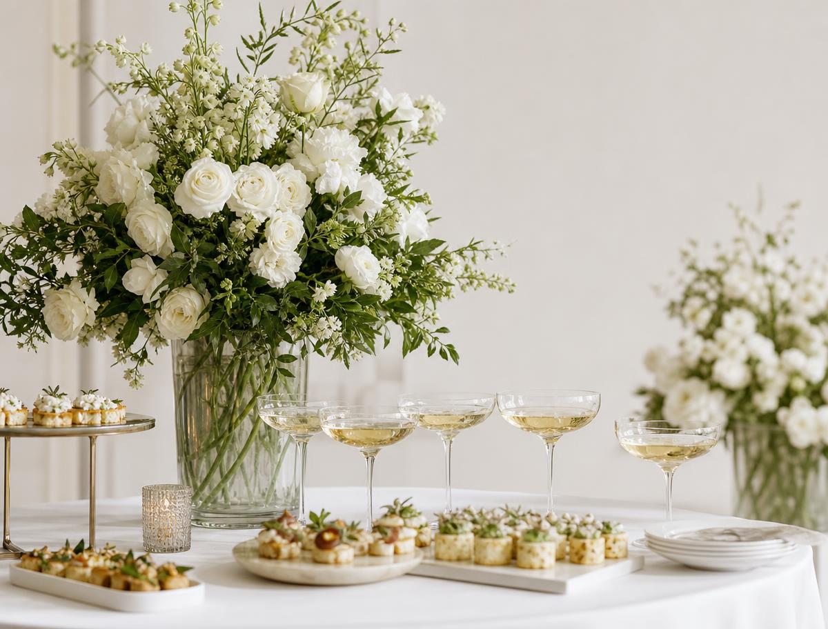 Table de réception de mariage dressée avec coupes de champagne et bouchées apéritives